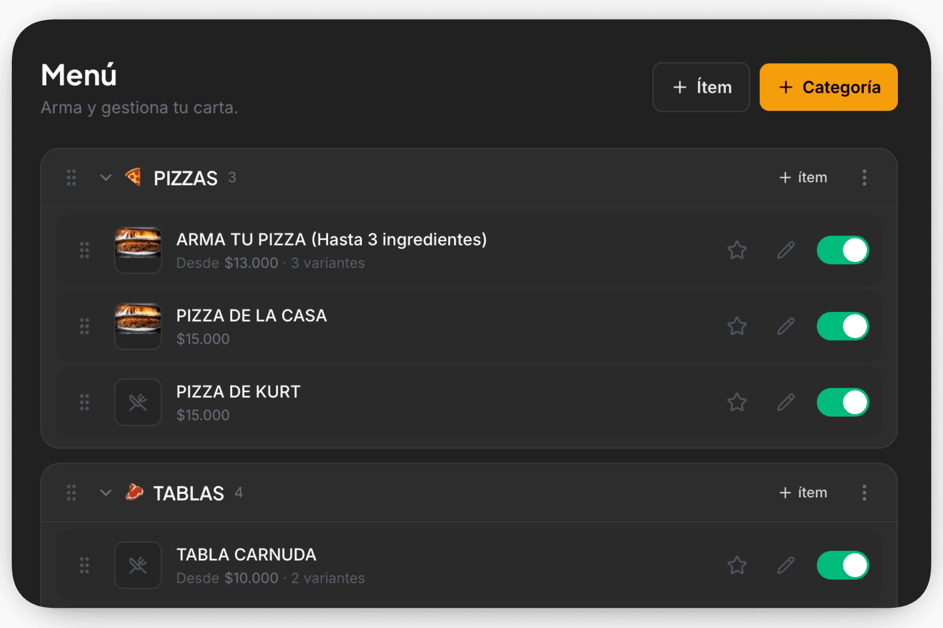 Editor de la carta en ResTable: platos con foto, precio y descripción, con la opción de marcar como agotado