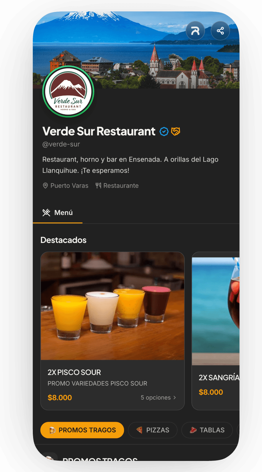 Perfil de restaurante en ResTable: portada, carta y promociones de Verde Sur Restaurant