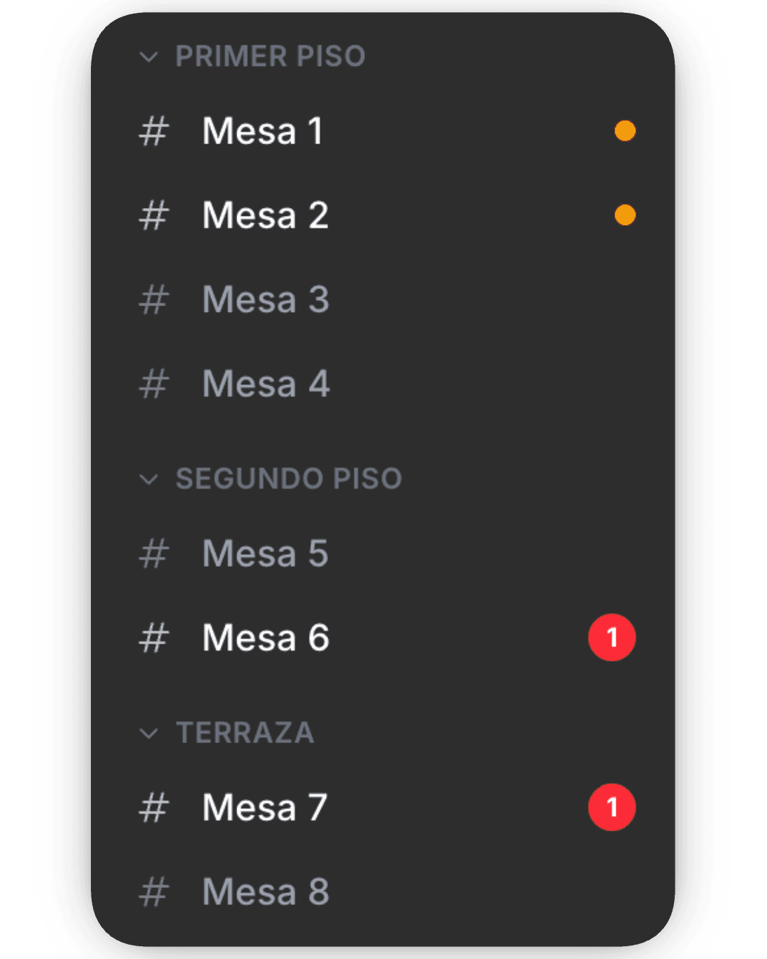 Salones en ResTable: Primer piso, Segundo piso y Terraza agrupando mesas, con actividad en vivo en cada mesa